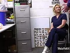 caught stealing pills? busty nurse bends for security cock in office