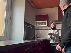 god my horny wife bends over in kitchen begging for pussy lick then doggystyle creampie!!