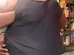 kitchen quickie heats up with wet shaved pussy pounding and big natural tits bouncing.