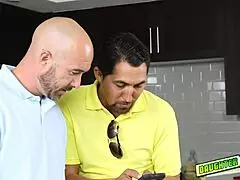 Blindfolded redhead babes ride masked stud's monster cock cowgirl style.