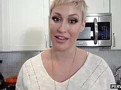 nosey short-haired stepmom bends over kitchen counter for hard doggystyle pounding