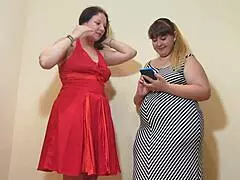 Two fat russian milf lesbians stuff hairy pussies with panties in close up fetish fun.