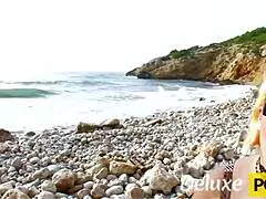 mature blonde takes thick cock anal on beach, riding cowgirl then bending for doggystyle cumshot waves crashing.