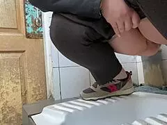 Mature milf sneaks hairy pee break in hospital toilet