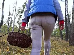 milf struts forest path in tight jeans shaking big ass