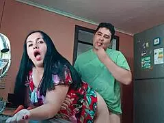 i'm watchin stepmom chop veggies then her fat tits bounce as stepson rams kitchen pussy