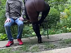 Pervert stepson spies stepmom fingering pussy in public park!