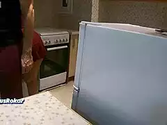 stepmom in kitchen yells no sex but lets stepson jerk off cumshot on fat ass!