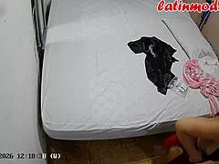 sexy latina milf curves out in lingerie prepping with hot photographer