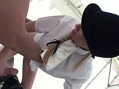 Slim blonde pigtail teen seduces old fat guy for risky CFNM farm fuck and mouth cum