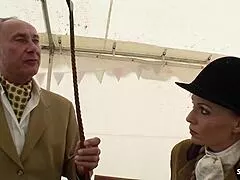 Slim blonde pigtail teen seduces old fat guy for risky CFNM farm fuck and mouth cum