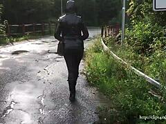 Mom in leather boots taking walk