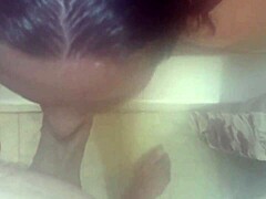 Bukkake shower cleanup for busty slut