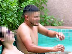 Poolside threesome with mature women