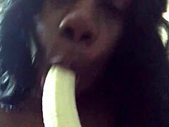 Banana-themed sex act with mature wife